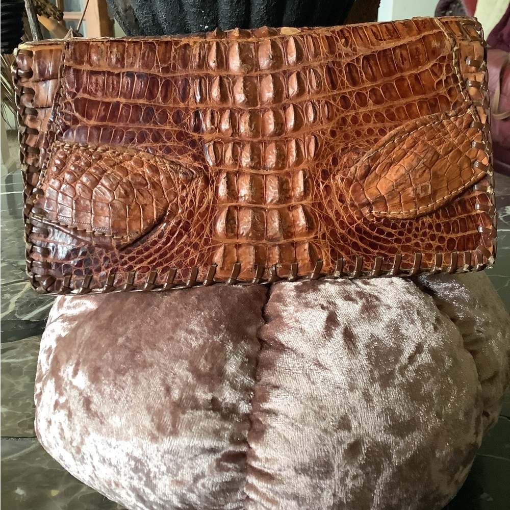 Genuine cognac horn-back alligator skin women’s fold-over clutch wallet 8x4